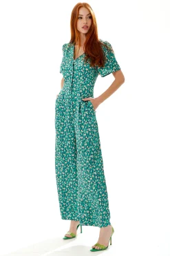 Women's Jumpsuit in Green with Stroke Print, Short Sleeves, V Neck, Wide Leg Design - Liquorish