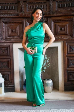 Women's Jumpsuit in Green - One Shoulder with Fur Detail, Ruched Bodice, Slim Fit, by Liquorish