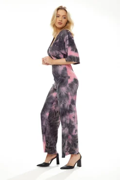 Women's Jumpsuit in Grey and Pink Tie Dye with Short Sleeves, V Neck and Open Back, by Liquorish