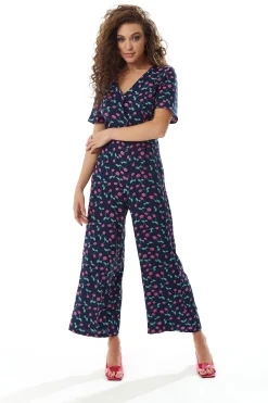 Women's Jumpsuit in Navy with Cherry Print, V Neck, Short Sleeves, Wide Leg - Liquorish