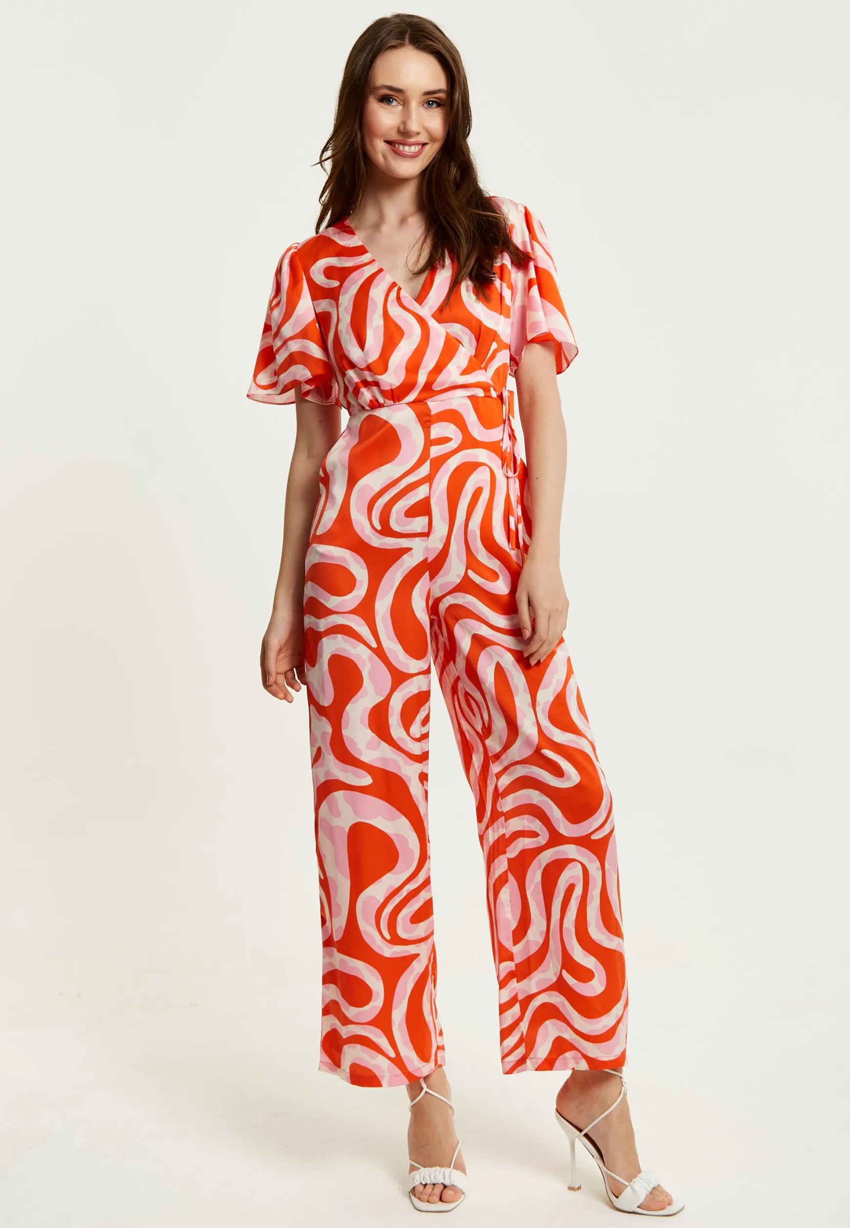 Women's Jumpsuit in Pink and Red with Abstract Print, V Neck, Crossover Front, Short Sleeves, Liquorish