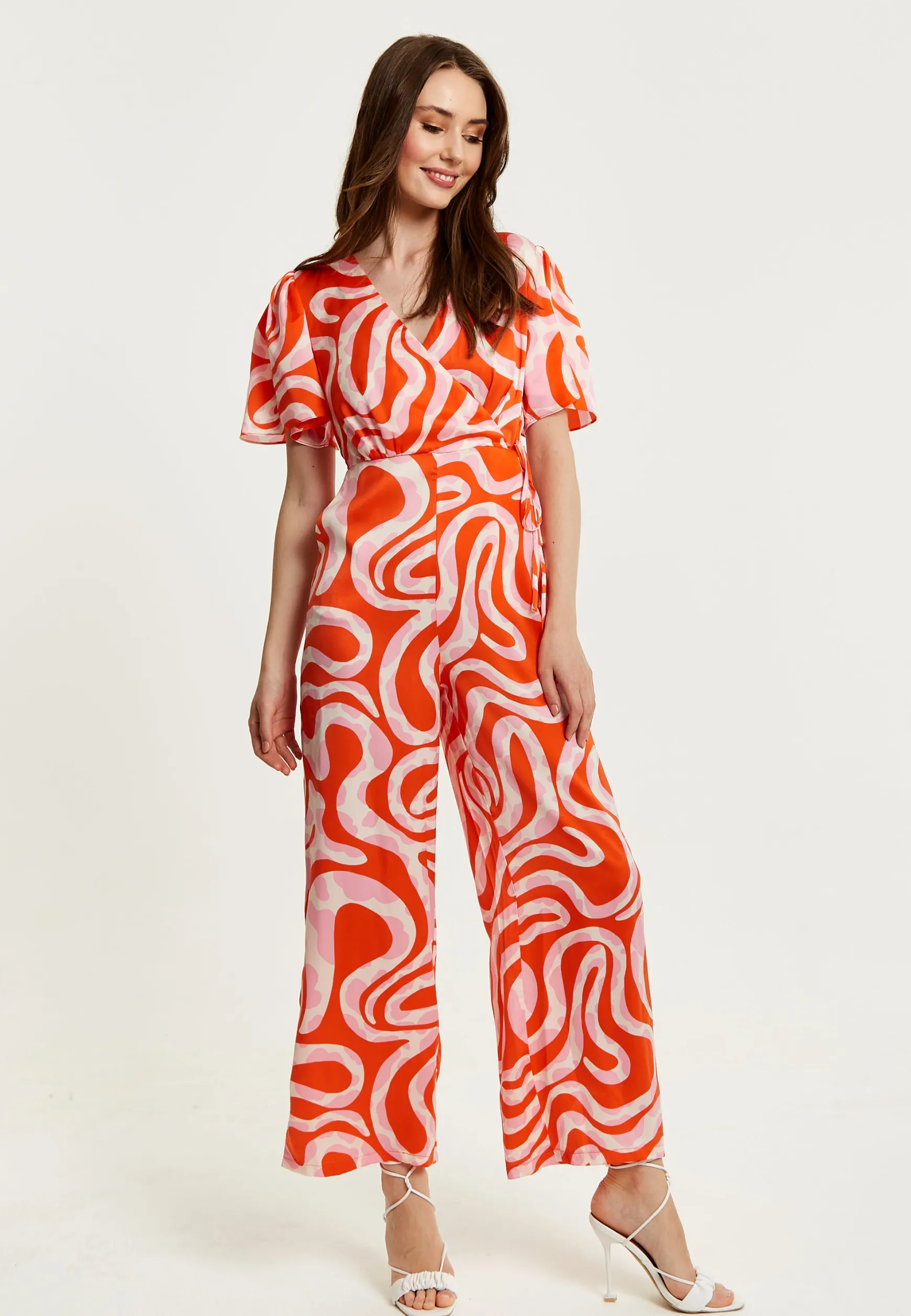 Women's Jumpsuit in Pink and Red with Abstract Print, V Neck, Crossover Front, Short Sleeves, Liquorish