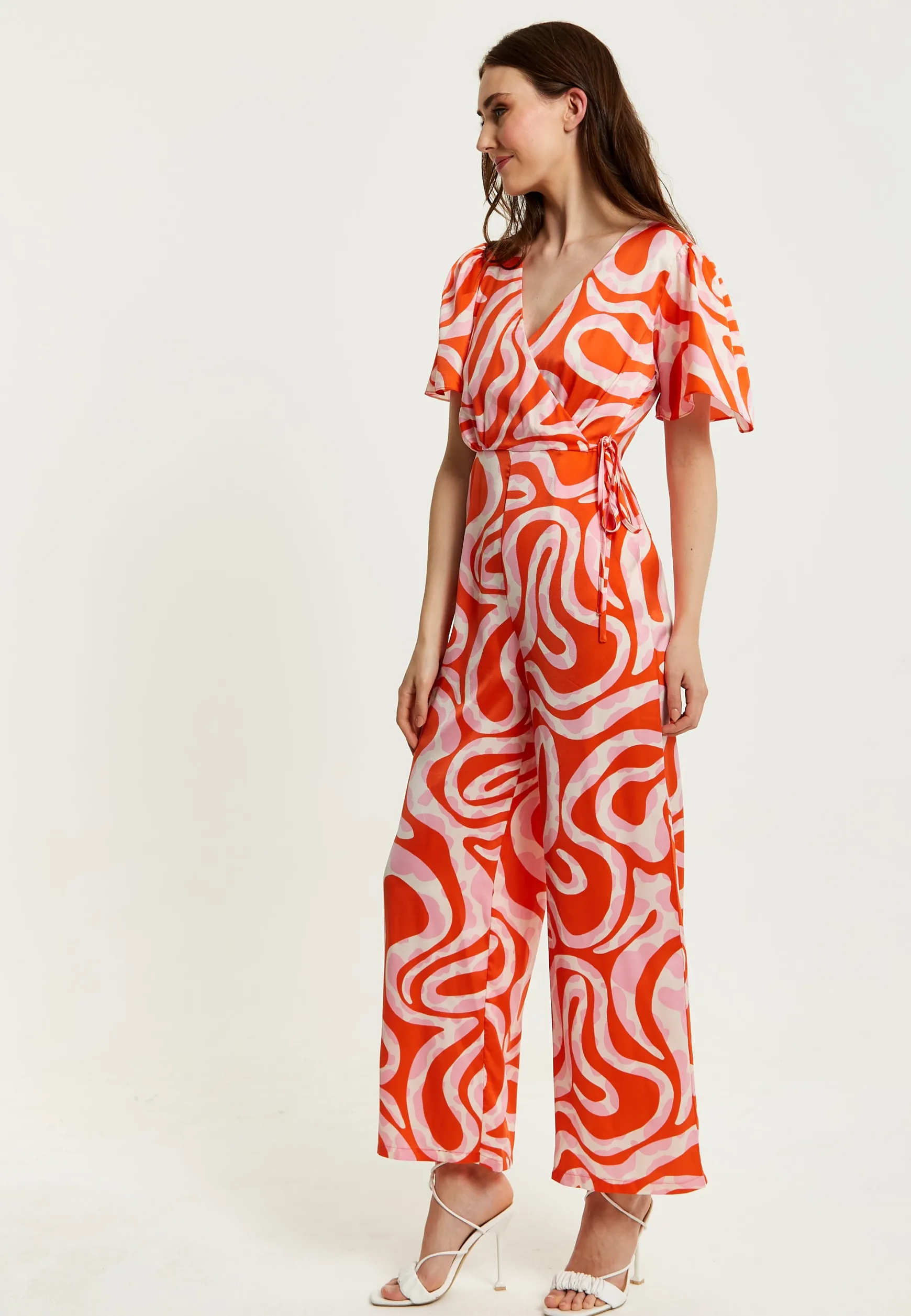 Women's Jumpsuit in Pink and Red with Abstract Print, V Neck, Crossover Front, Short Sleeves, Liquorish