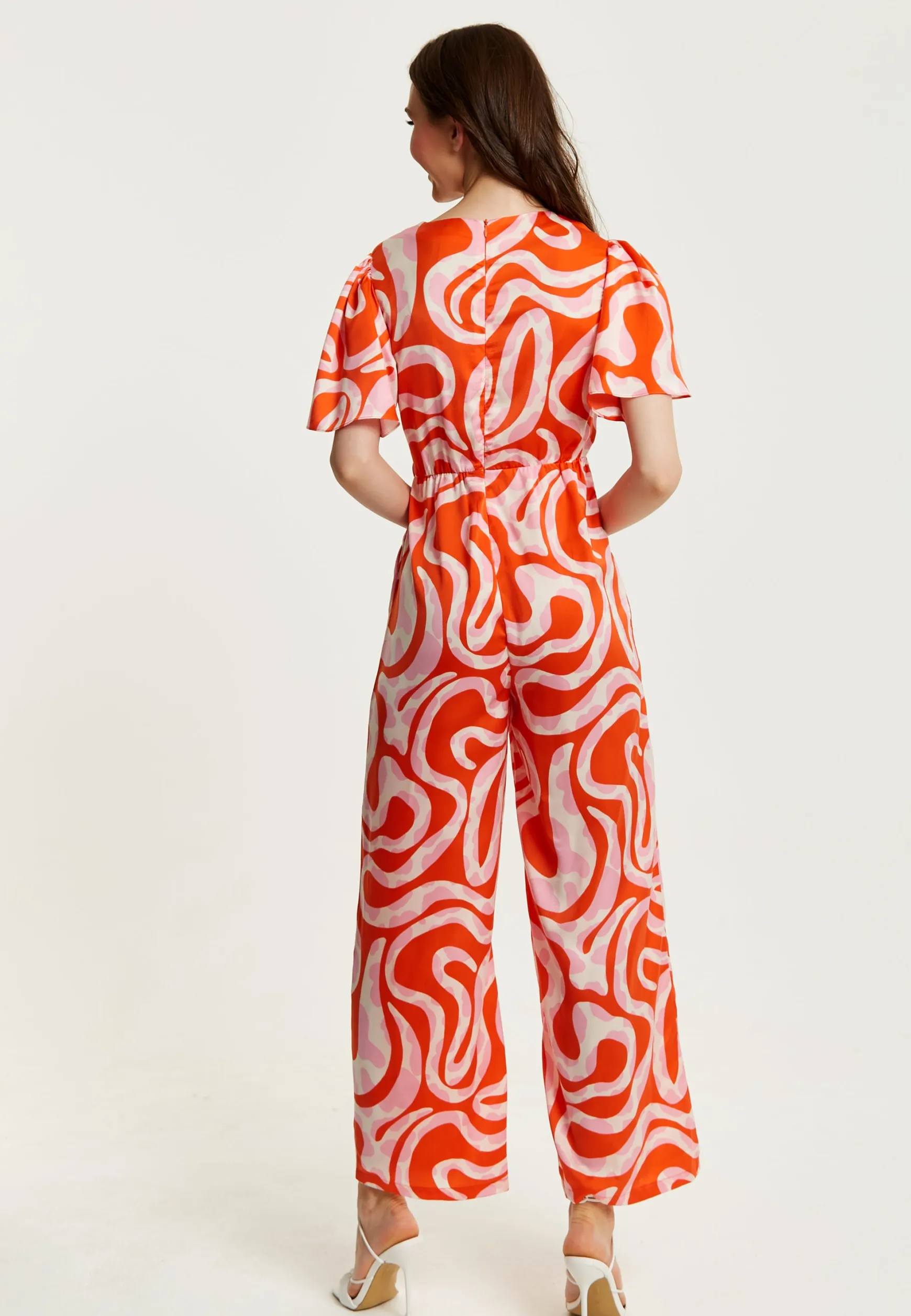 Women's Jumpsuit in Pink and Red with Abstract Print, V Neck, Crossover Front, Short Sleeves, Liquorish