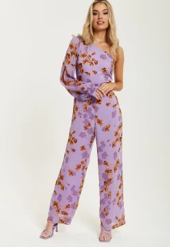 Women's Jumpsuit in Purple Floral with Asymmetrical Sleeve and Wide Legs - Regular Fit Liquorish