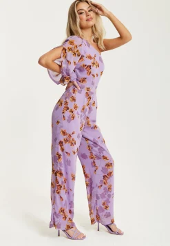 Women's Jumpsuit in Purple Floral with Asymmetrical Sleeve and Wide Legs - Regular Fit Liquorish
