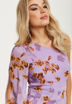 Women's Jumpsuit in Purple Floral with Asymmetrical Sleeve and Wide Legs - Regular Fit Liquorish
