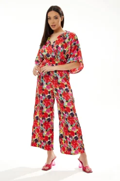 Women's Jumpsuit in Red with Short Kimono Sleeves and Floral Print, Crossover Front - Liquorish