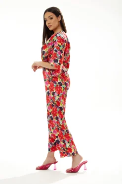 Women's Jumpsuit in Red with Short Kimono Sleeves and Floral Print, Crossover Front - Liquorish