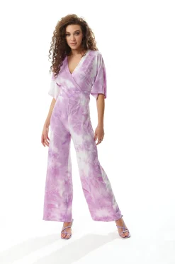 Women's Jumpsuit in White and Pink Tie Dye with Short Sleeves, V Neck, Open Back, Liquorish
