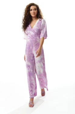 Women's Jumpsuit in White and Pink Tie Dye with Short Sleeves, V Neck, Open Back, Liquorish