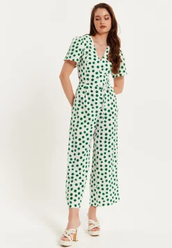 Women's Jumpsuit in White with Green Polka Dots, V Neck, Short Sleeves, Wide Legs - Liquorish
