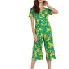 Women's Jumpsuit in Yellow Leaf Print with V-Neck, Short Sleeves, and Wide Legs - Liquorish