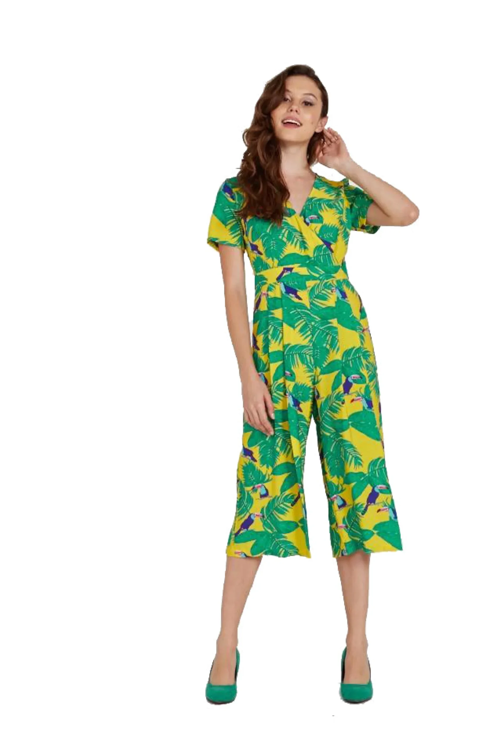 Women's Jumpsuit in Yellow Leaf Print with V-Neck, Short Sleeves, and Wide Legs - Liquorish