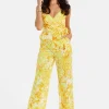Women's Jumpsuit in Yellow and Orange Floral Print with V-Neck, Adjustable Straps, and Tie Waist - Liquorish