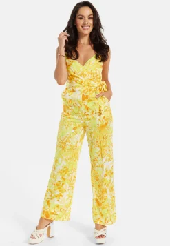 Women's Jumpsuit in Yellow and Orange Floral Print with V-Neck, Adjustable Straps, and Tie Waist - Liquorish