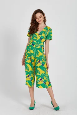 Women's Jumpsuit in Yellow Leaf Print with V-Neck, Short Sleeves, and Wide Legs - Liquorish