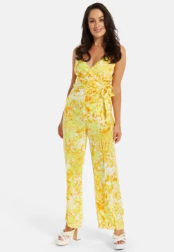 Women's Jumpsuit in Yellow and Orange Floral Print with V-Neck, Adjustable Straps, and Tie Waist - Liquorish