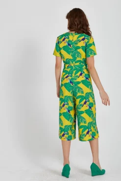 Women's Jumpsuit in Yellow Leaf Print with V-Neck, Short Sleeves, and Wide Legs - Liquorish