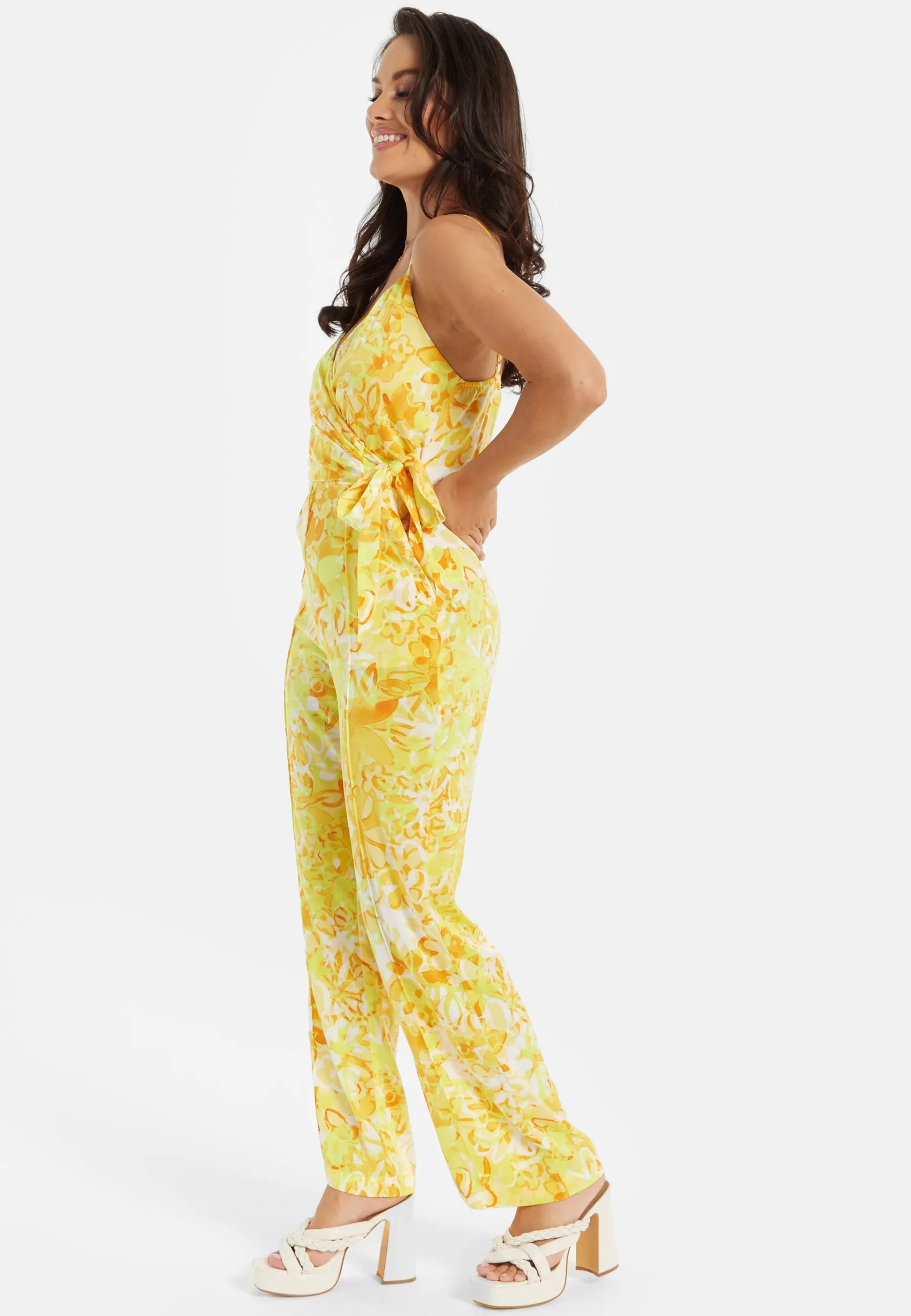 Women's Jumpsuit in Yellow and Orange Floral Print with V-Neck, Adjustable Straps, and Tie Waist - Liquorish