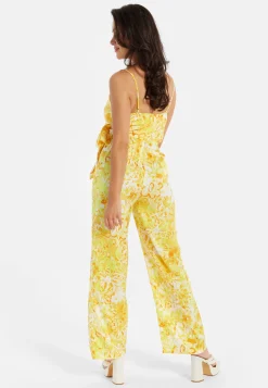 Women's Jumpsuit in Yellow and Orange Floral Print with V-Neck, Adjustable Straps, and Tie Waist - Liquorish