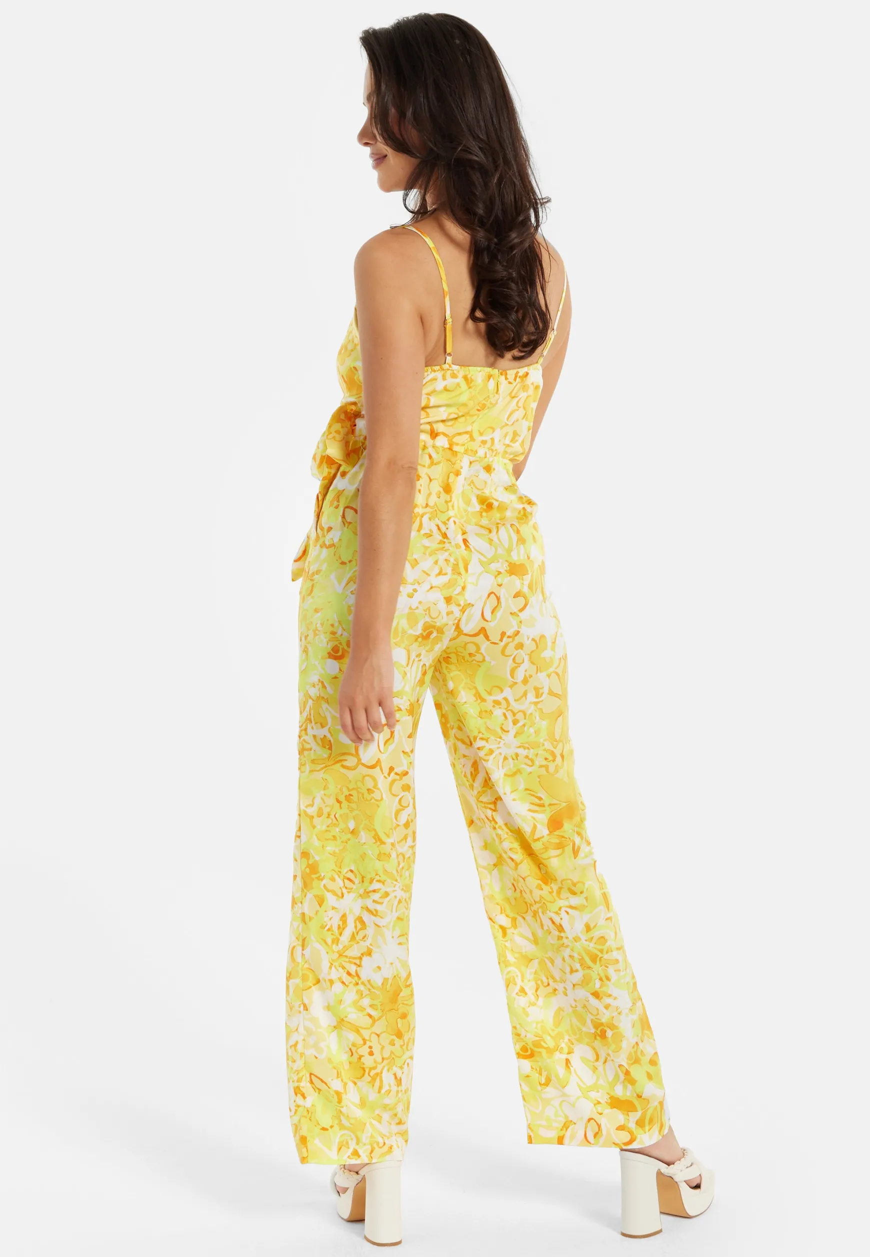 Women's Jumpsuit in Yellow and Orange Floral Print with V-Neck, Adjustable Straps, and Tie Waist - Liquorish