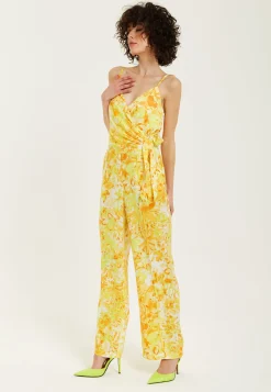 Women's Jumpsuit in Yellow and Orange Floral Print with V-Neck, Adjustable Straps, and Tie Waist - Liquorish