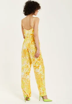 Women's Jumpsuit in Yellow and Orange Floral Print with V-Neck, Adjustable Straps, and Tie Waist - Liquorish