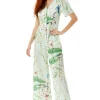 Women's Jumpsuit with V Neck and Short Sleeves, Mint Green Bird Print, Wide Legs - Liquorish
