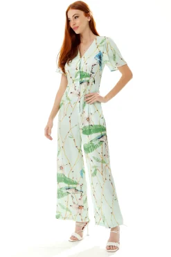 Women's Jumpsuit with V Neck and Short Sleeves, Mint Green Bird Print, Wide Legs - Liquorish