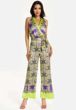 Women's Jumpsuit with V Neck, Wide Palazzo Legs, Elasticated Waist, Regular Fit, Printed Design - Liquorish