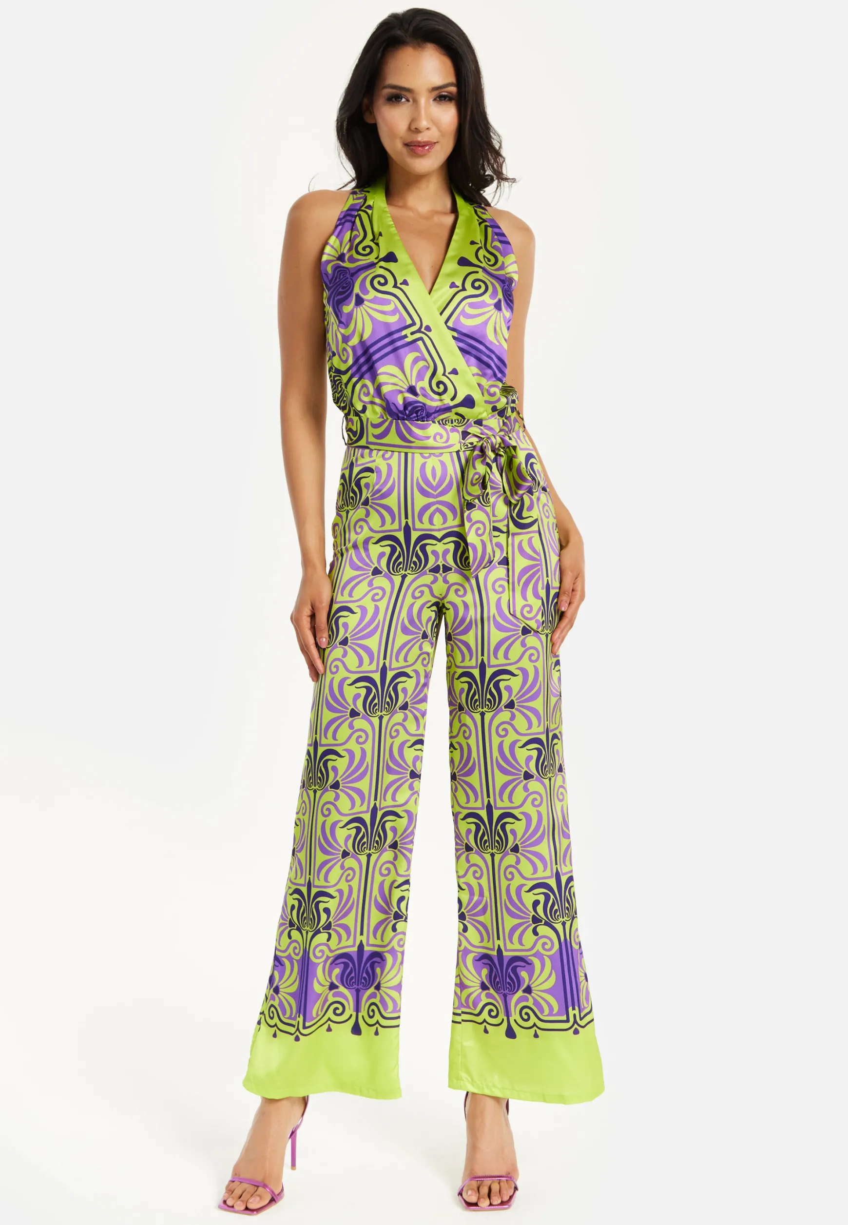 Women's Jumpsuit with V Neck, Wide Palazzo Legs, Elasticated Waist, Regular Fit, Printed Design - Liquorish