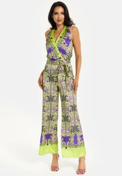 Women's Jumpsuit with V Neck, Wide Palazzo Legs, Elasticated Waist, Regular Fit, Printed Design - Liquorish