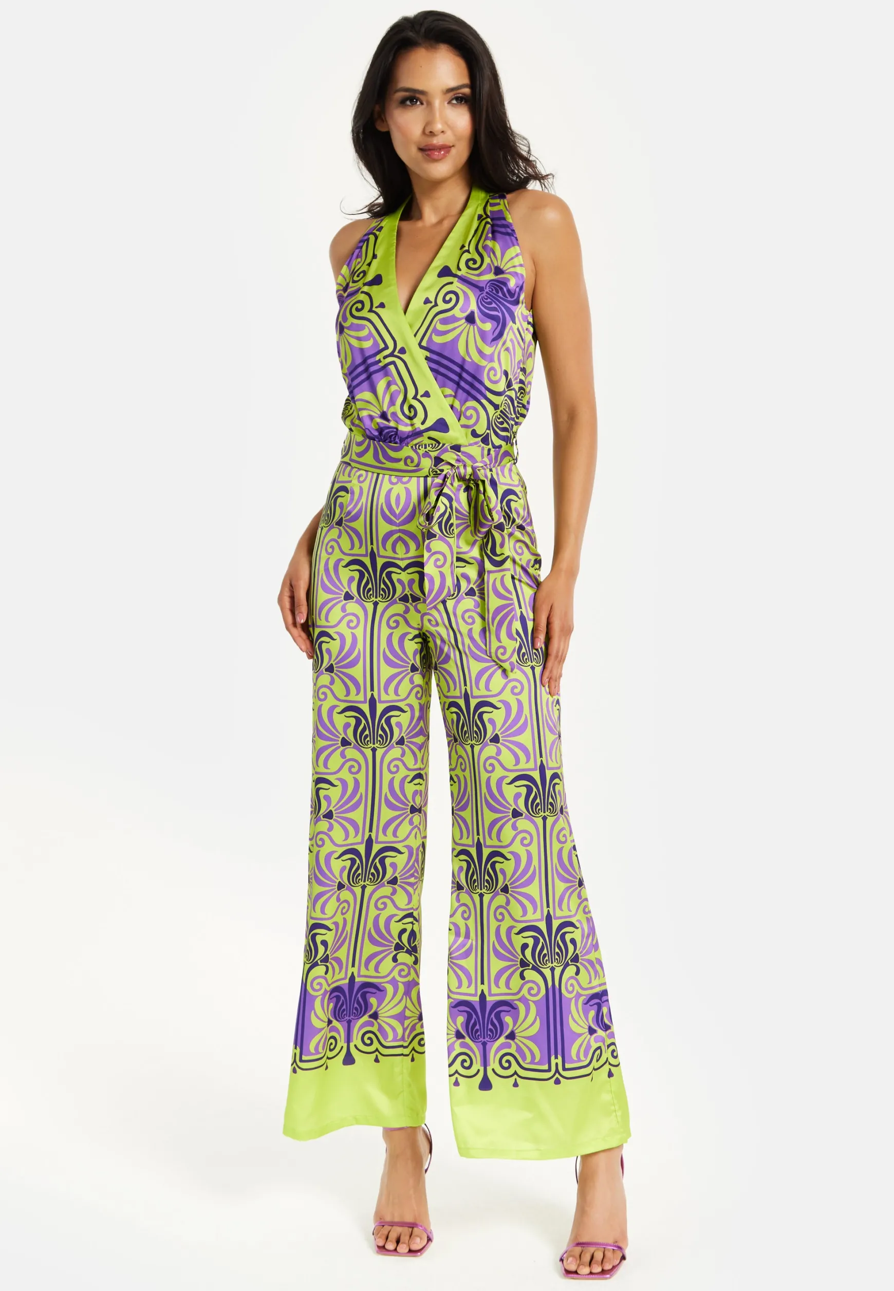 Women's Jumpsuit with V Neck, Wide Palazzo Legs, Elasticated Waist, Regular Fit, Printed Design - Liquorish