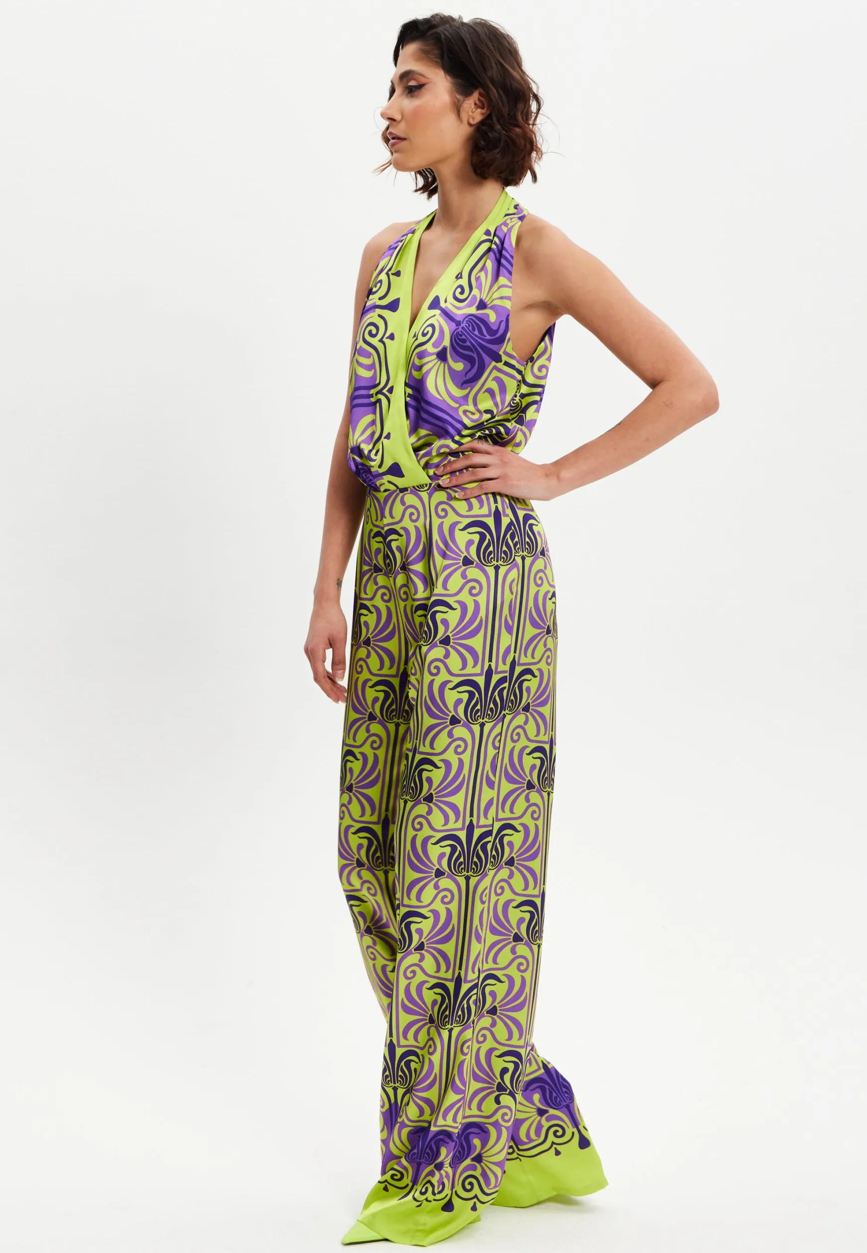 Women's Jumpsuit with V Neck, Wide Palazzo Legs, Elasticated Waist, Regular Fit, Printed Design - Liquorish