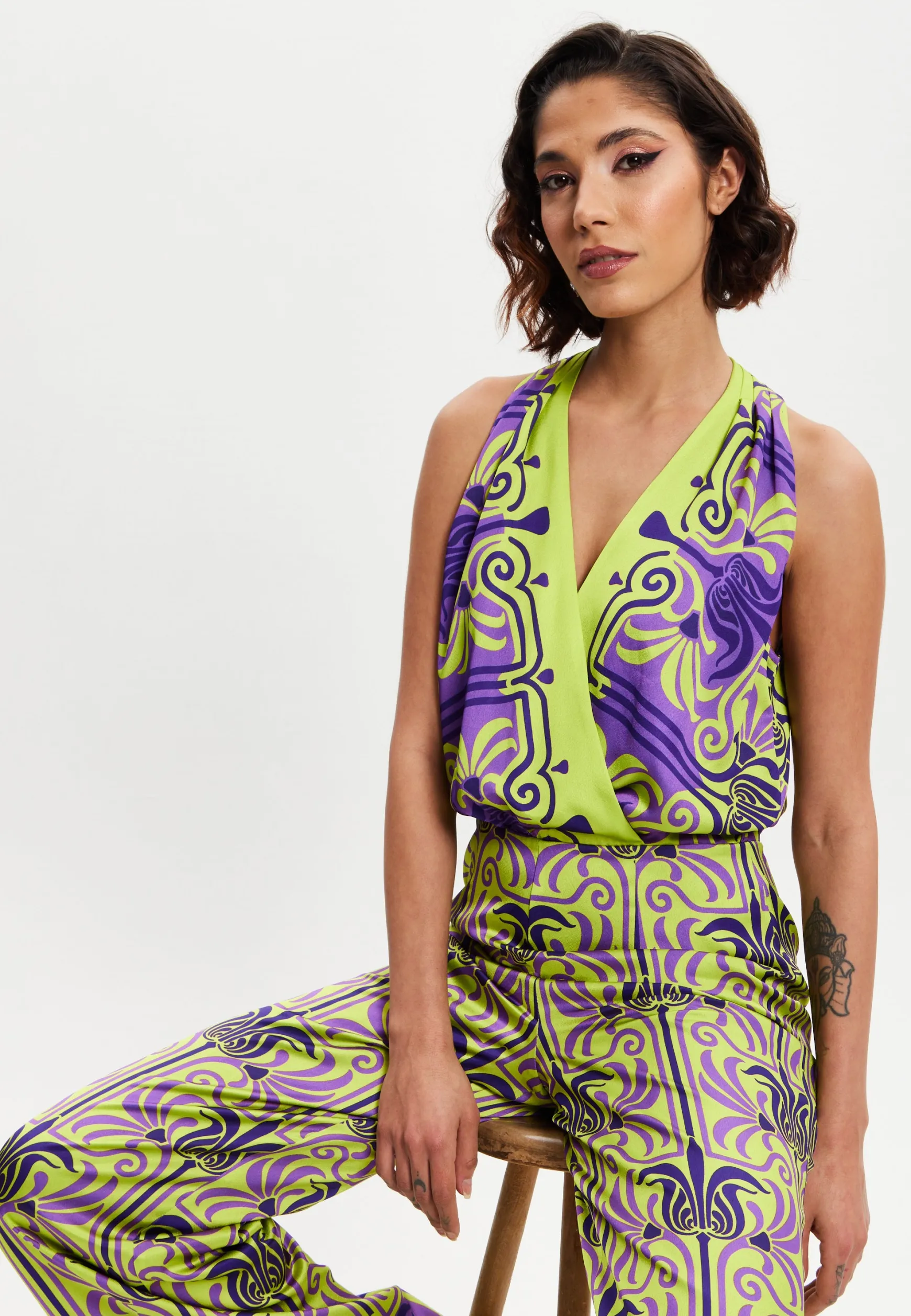 Women's Jumpsuit with V Neck, Wide Palazzo Legs, Elasticated Waist, Regular Fit, Printed Design - Liquorish