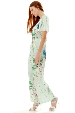 Women's Jumpsuit with V Neck and Short Sleeves, Mint Green Bird Print, Wide Legs - Liquorish