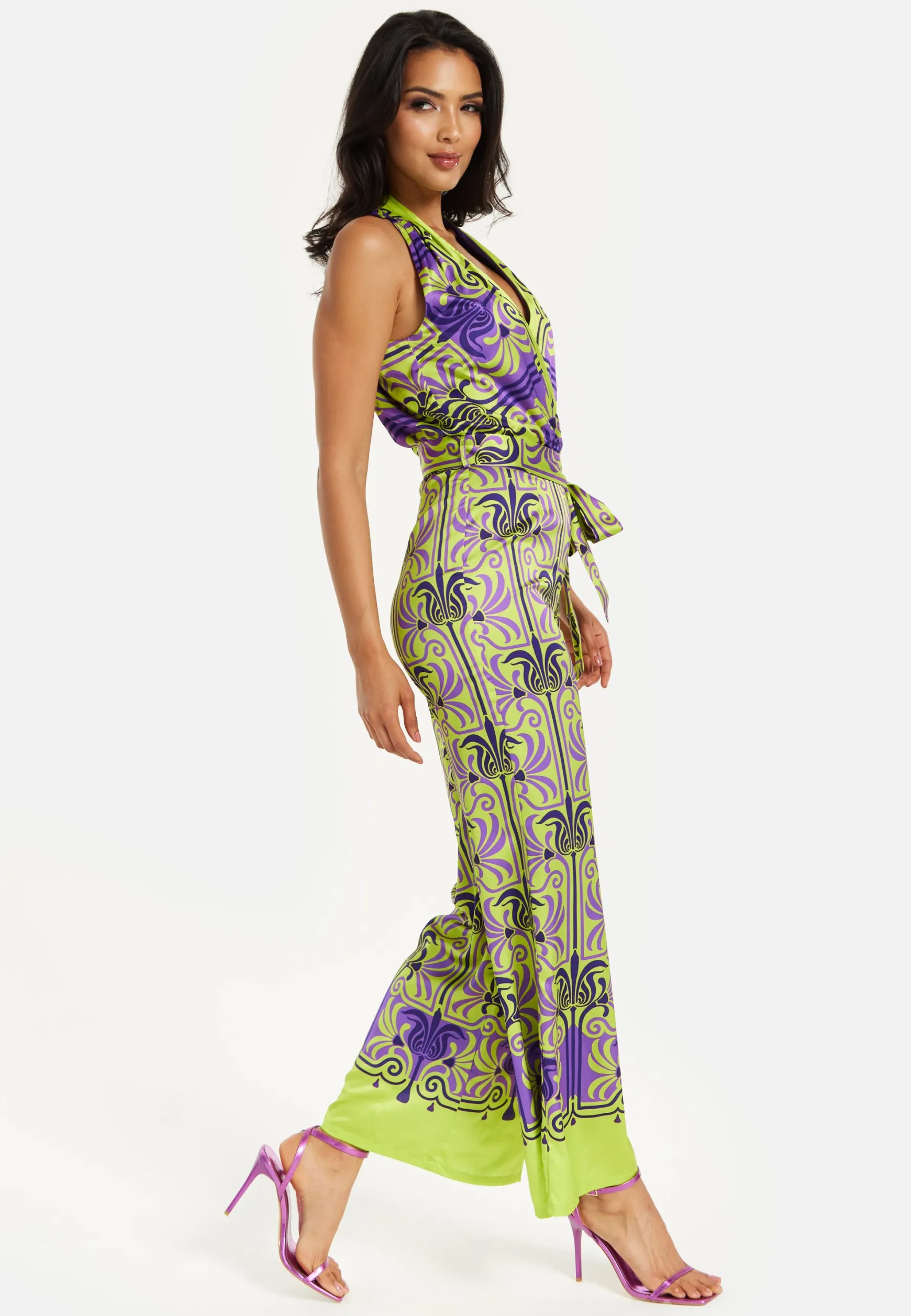 Women's Jumpsuit with V Neck, Wide Palazzo Legs, Elasticated Waist, Regular Fit, Printed Design - Liquorish