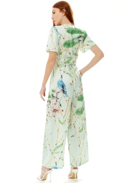 Women's Jumpsuit with V Neck and Short Sleeves, Mint Green Bird Print, Wide Legs - Liquorish
