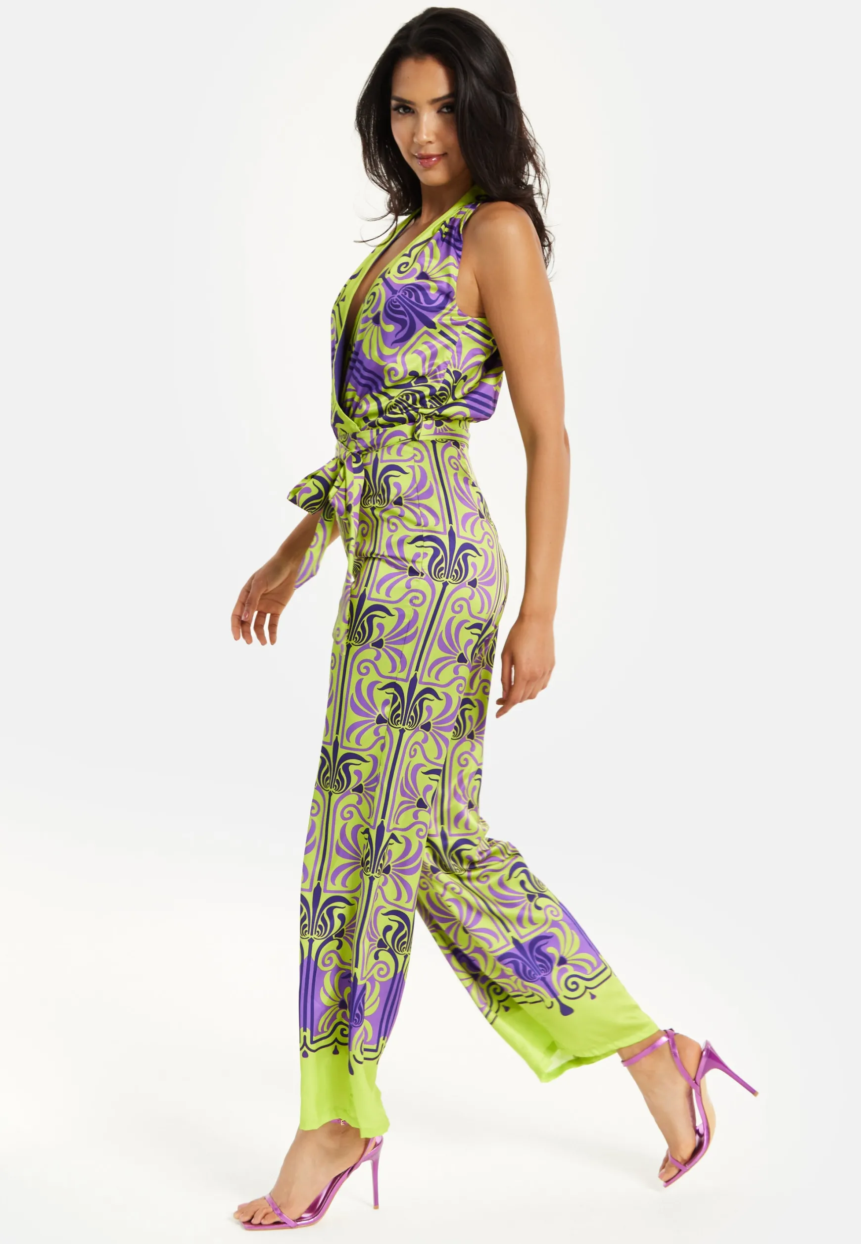 Women's Jumpsuit with V Neck, Wide Palazzo Legs, Elasticated Waist, Regular Fit, Printed Design - Liquorish
