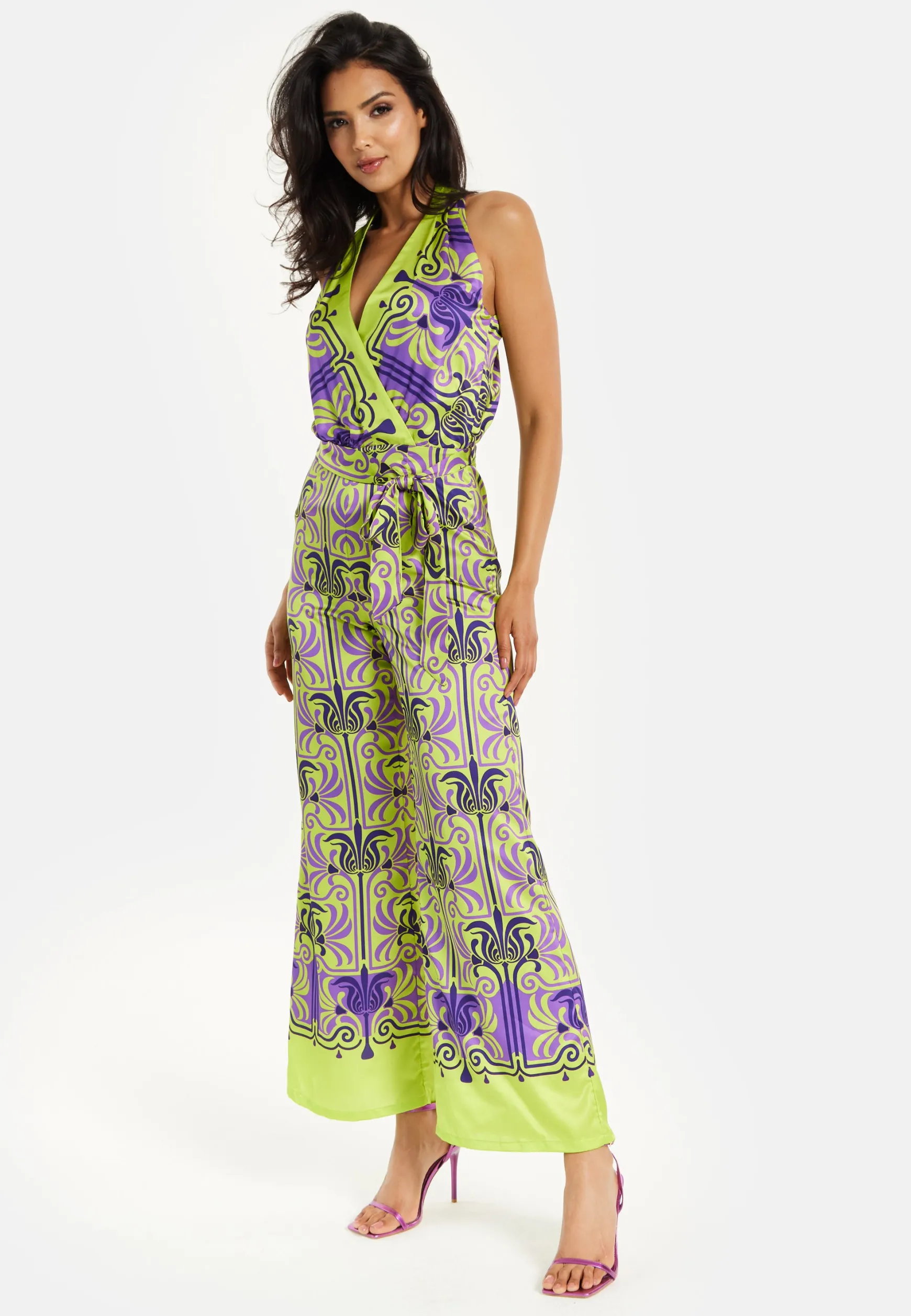 Women's Jumpsuit with V Neck, Wide Palazzo Legs, Elasticated Waist, Regular Fit, Printed Design - Liquorish