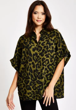 Women's Khaki Animal Print Shirt with Short Sleeves, Button-Up Front, Regular Fit, Shirt Collar