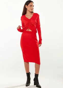 Women's Knitted Set in Red - Cropped Sweatshirt with V-Neck & Long Sleeves, Midi Skirt with Side Slit, Versatile Style