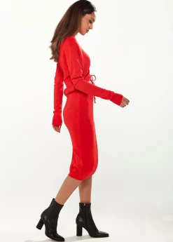 Women's Knitted Set in Red - Cropped Sweatshirt with V-Neck & Long Sleeves, Midi Skirt with Side Slit, Versatile Style