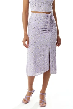 Women's Lilac Floral Tie Detail Midi Skirt with Front Slit - Perfect for Summer Holidays by Liquorish