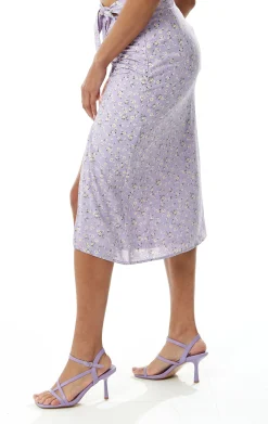 Women's Lilac Floral Tie Detail Midi Skirt with Front Slit - Perfect for Summer Holidays by Liquorish