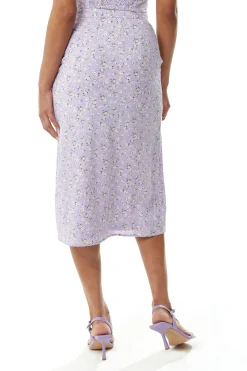 Women's Lilac Floral Tie Detail Midi Skirt with Front Slit - Perfect for Summer Holidays by Liquorish