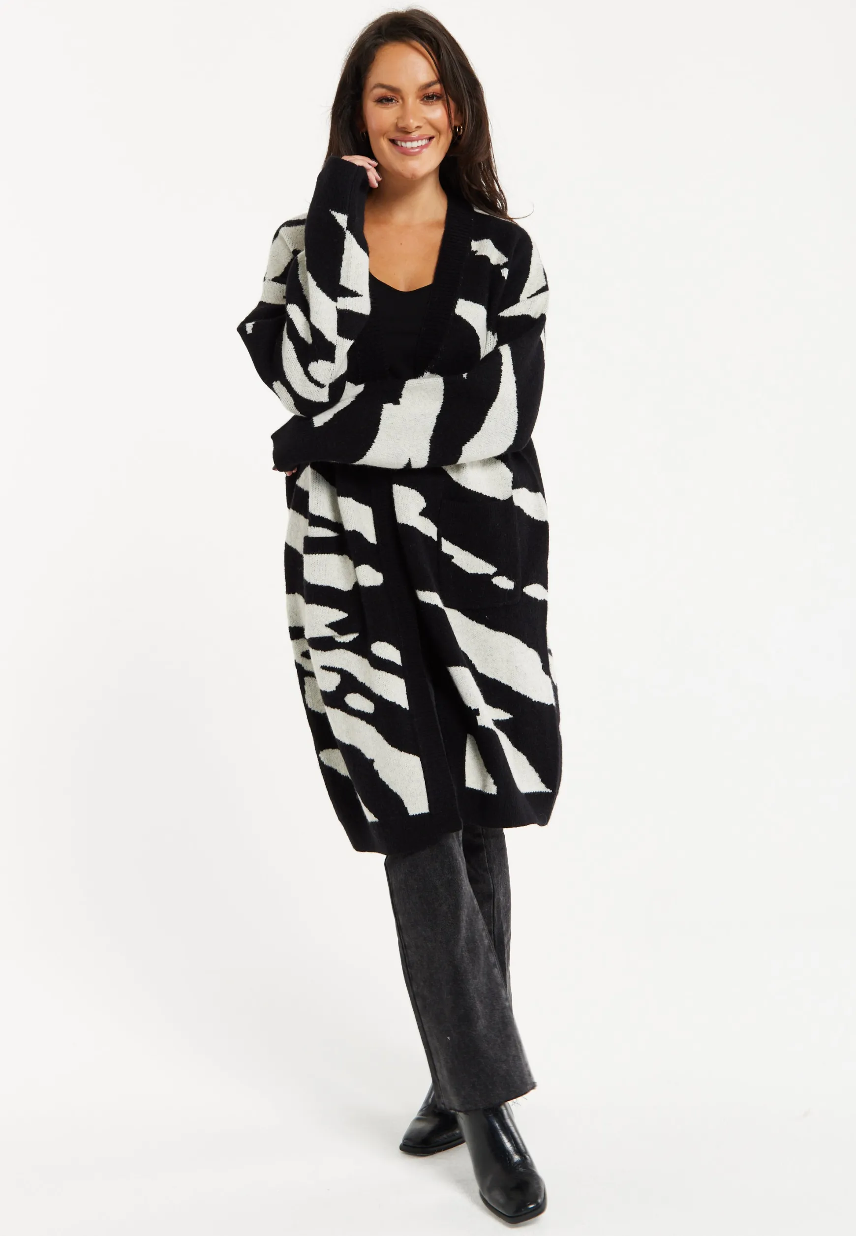 Women's Long Open Cardigan in Multi-Coloured Zebra Print with Oversized Fit by Liquorish