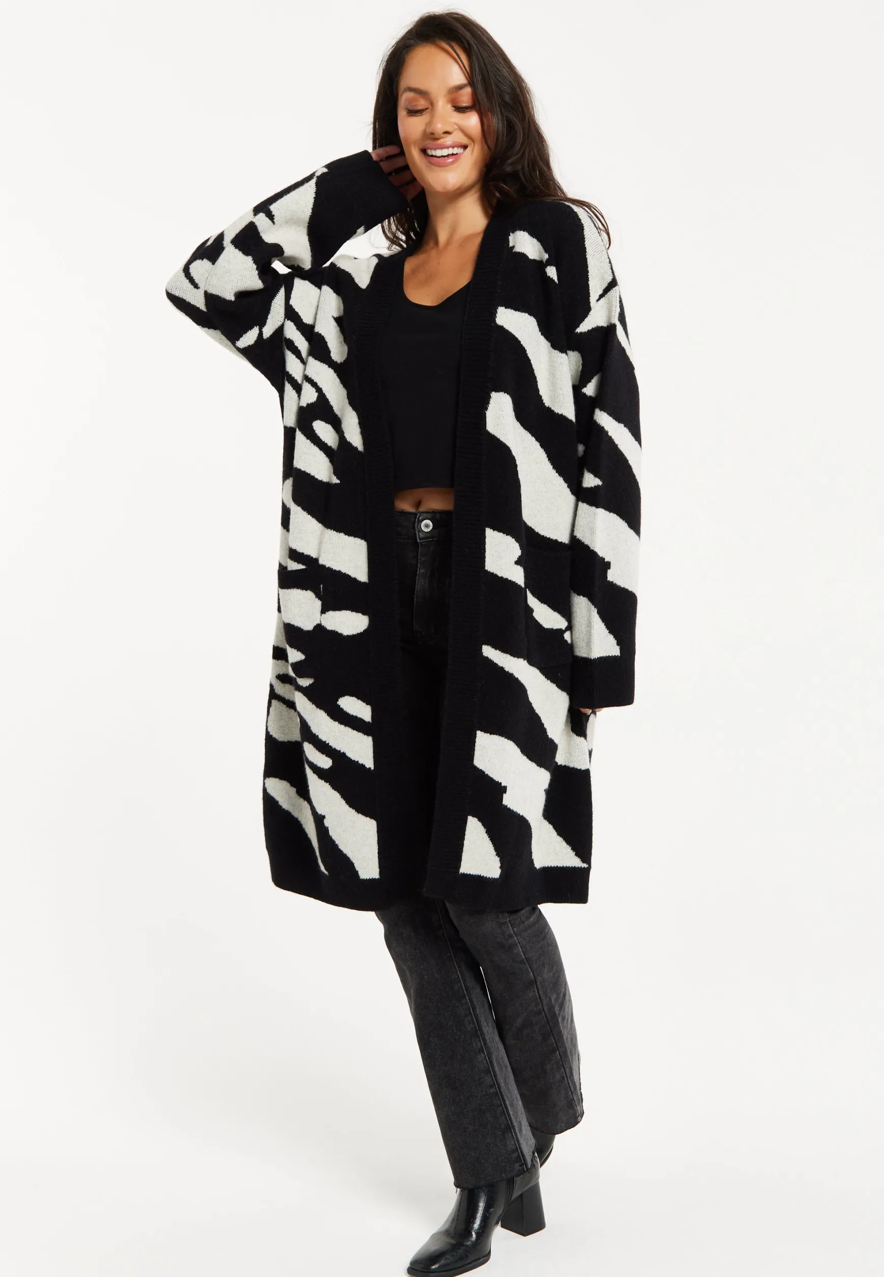 Women's Long Open Cardigan in Multi-Coloured Zebra Print with Oversized Fit by Liquorish