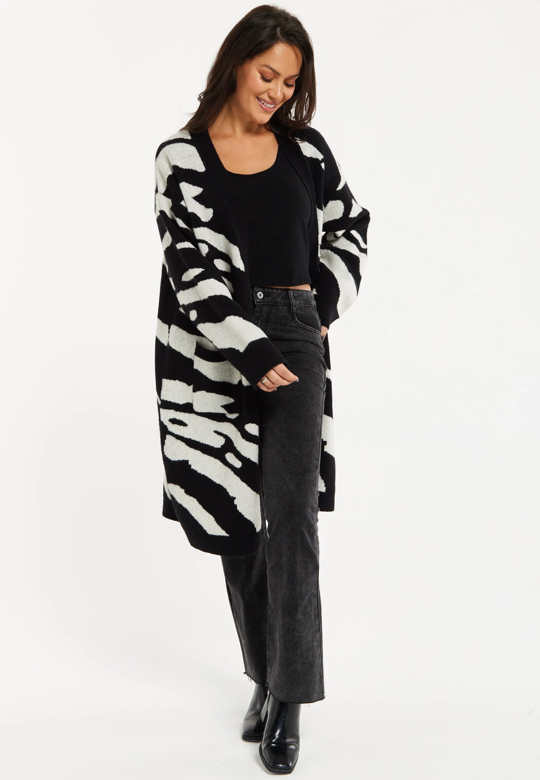 Women's Long Open Cardigan in Multi-Coloured Zebra Print with Oversized Fit by Liquorish